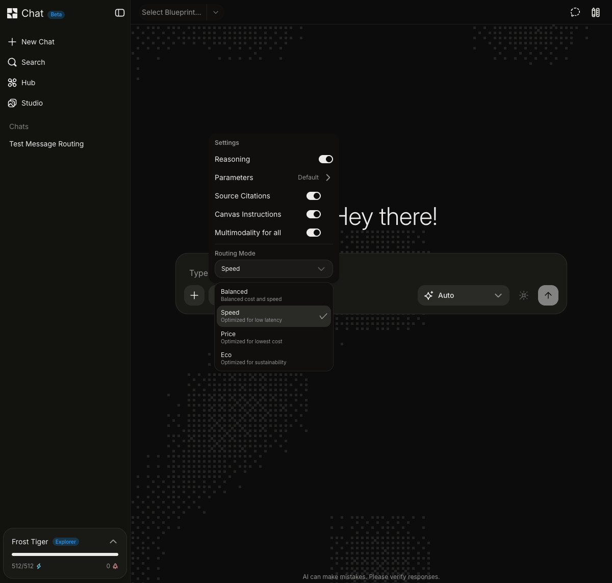 Melious Chat: Routing Mode dropdown with Balanced, Speed, Price, and Eco options