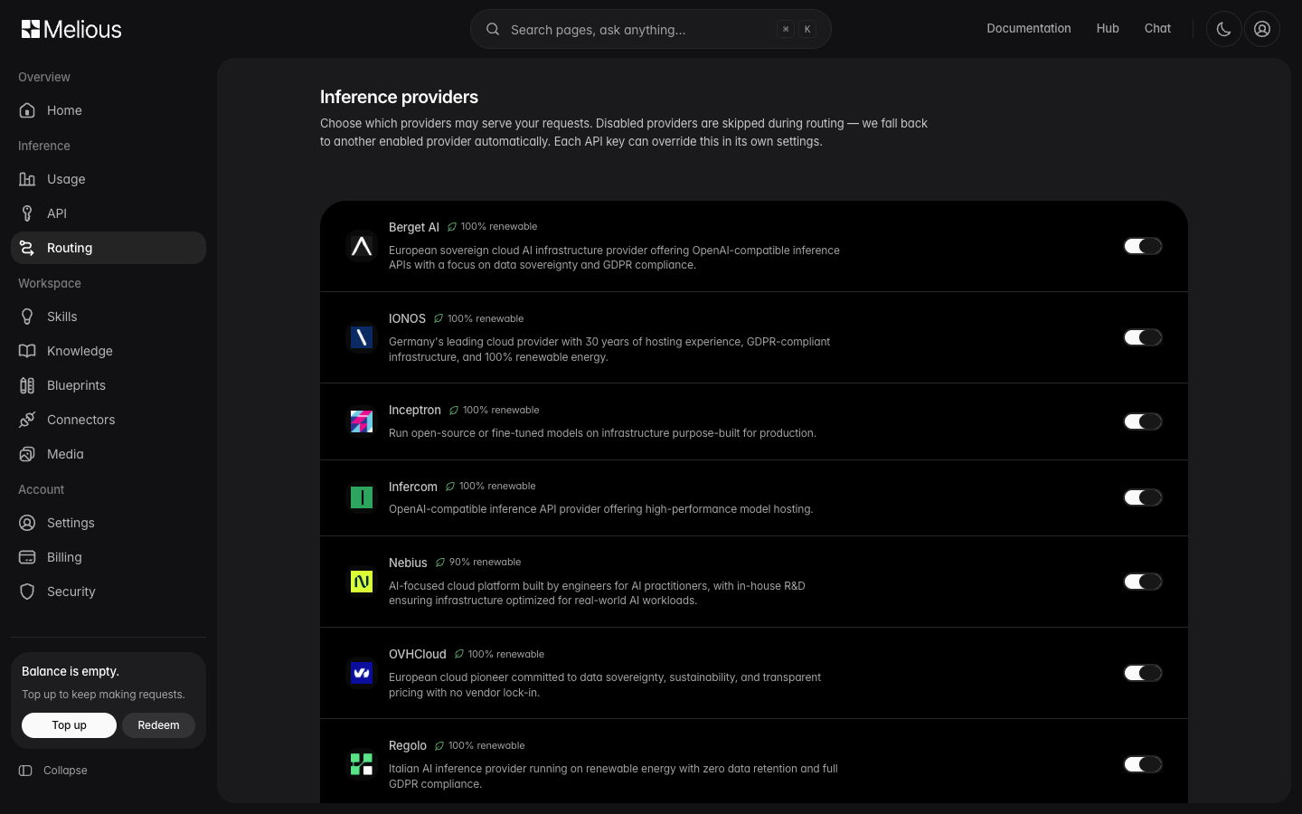 Melious dashboard: Infercom enabled in the Inference providers list